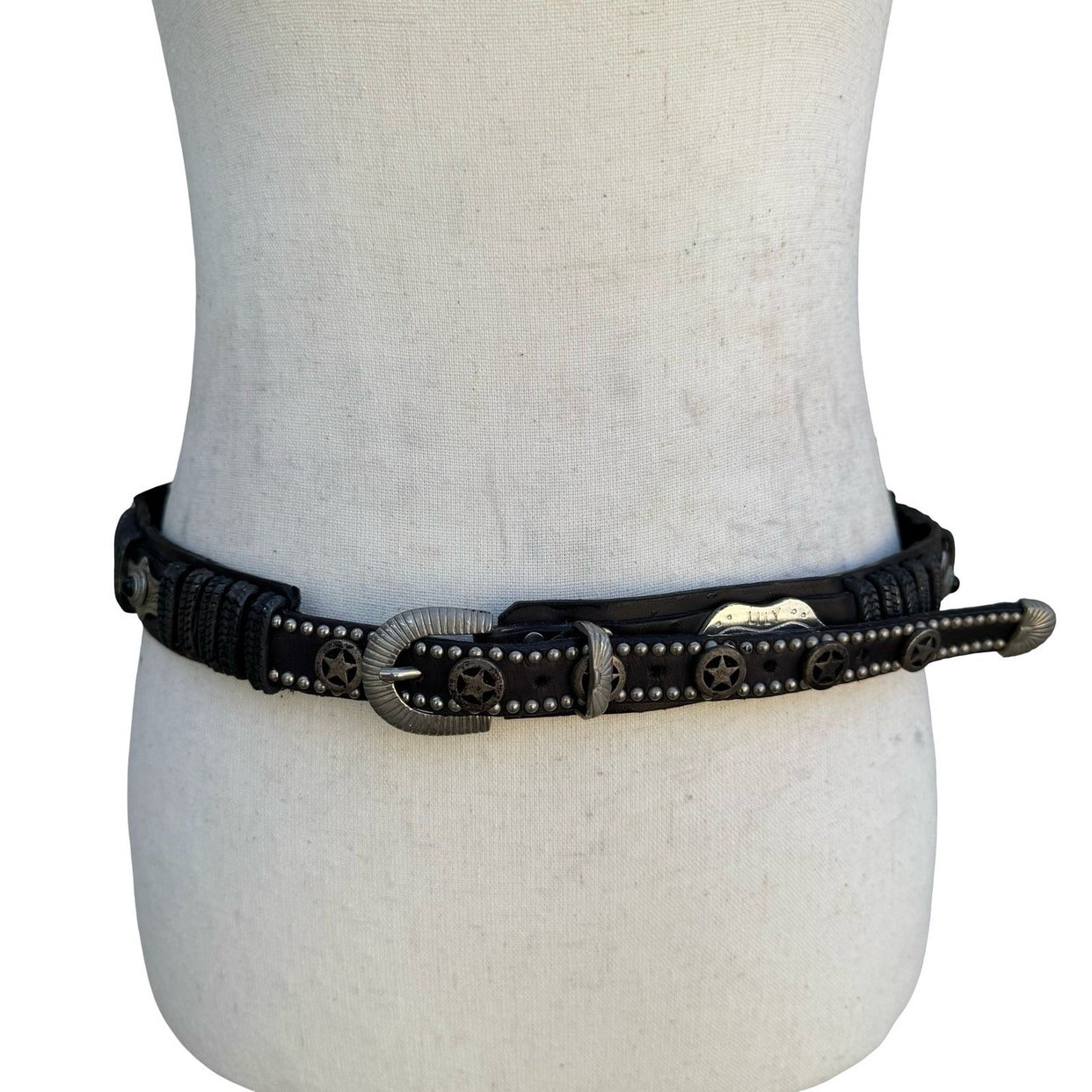 Lily Farouche Munich Vintage Black Leather Western Stud Star Belt West Germany Lily Farouche Munich Studded Black Leather Belt Silver  main image 2