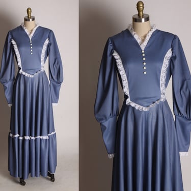 1970s Blue and White Polka Dot Long Juliet Sleeve Full Length Ruffle Bodice and Hem Prairie Cottagecore Western Style Dress -L 