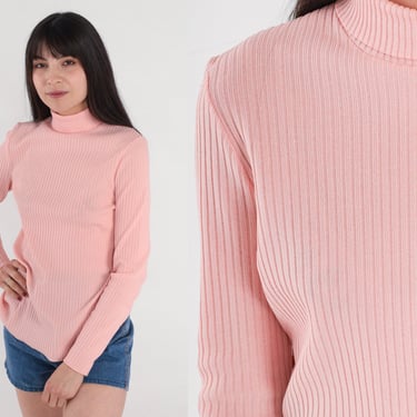Baby Pink Turtleneck Shirt 70s Ribbed Long Sleeve Top Retro Funnel Turtle Neck Top Basic Simple Plain Blouse Layering Vintage 1970s Small S 