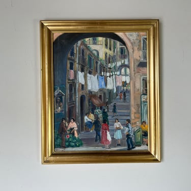 60's Vintage Yenica C. Urban Street Market Scene Impressionist Oil on Canvas Painting, Framed 