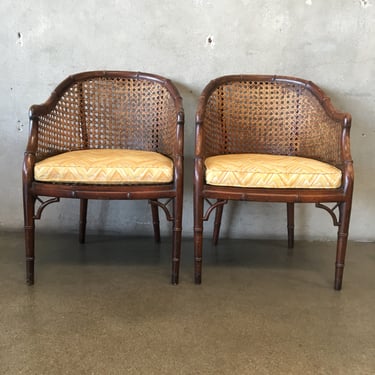 Pair Of MC Cane & Bamboo Side Chairs w/Upholstered Cushions