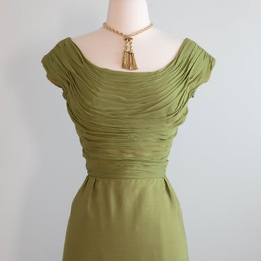 Glamorous 1950's Miss Elliette Silk Chiffon Dress with Jacket In Avocado Green / Medium