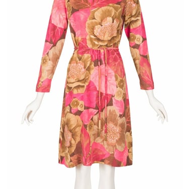 Leonard 1960s Vintage Pink Floral Wool Knit Belted Dress Sz M 