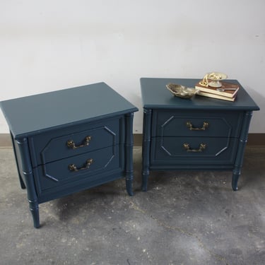 AVAILABLE**Pair of Vintage Bamboo Nightstands by Broyhill Refinished in Deep Teal//Matching Bedside Tables 