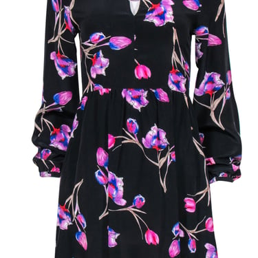 Yumi Kim - Black Floral Print Long Sleeve Silk Swing Dress Sz S