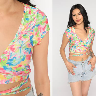 Y2k Crop Top Colorful Abstract Print Wrap Shirt Retro Hippie Blouse Short Sleeve V Neck Psychedelic Lace Up Vintage 00s Small Medium 