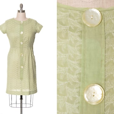 Vintage 1950s 1960s Dress | 50s 60s Floral Embroidered Sage Green Cotton Joan Mad Men Wiggle Sheath Day Dress (large) 