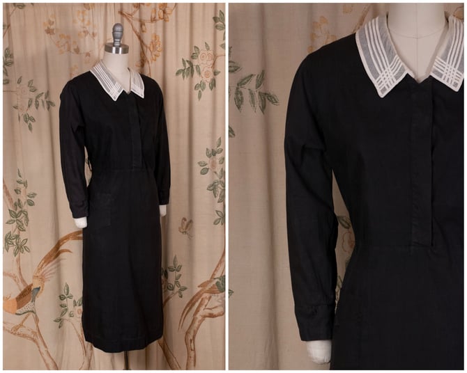 1930s Dress - Late 1920s/Early 30s Vintage Maid or Waitress Uniform with White Collar Volup, As Is 