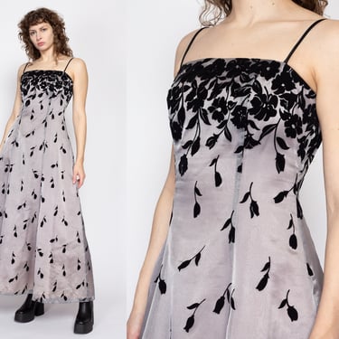 Medium 90s Falling Flowers Evening Gown | Vintage Grey Black Velvet Flower Formal Prom Maxi Dress 