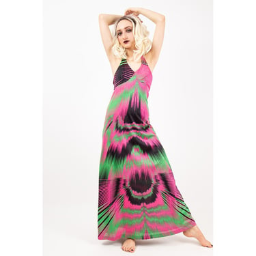 Vintage halter maxi dress / 1970s Berlei Sea Bodies / Aurora Borealis psychedelic neon print / S 