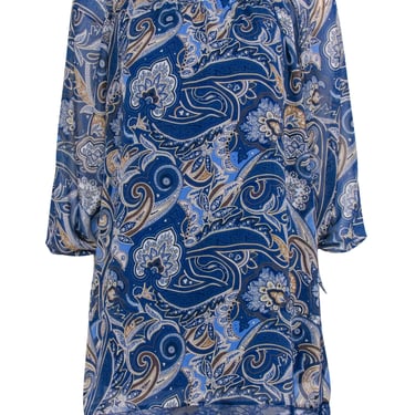 Alice & Olivia - Blue & Beige Paisley Print Off The Shoulder Dress Sz XS