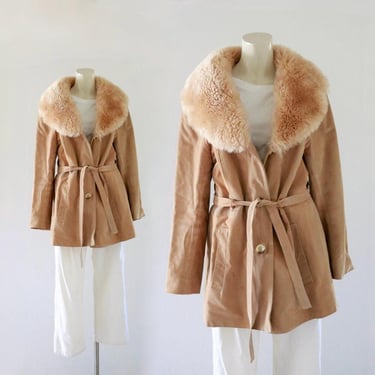 1970's suede + shearling coat - vintage 60s 70s tan womens leather brown honey fur sheep lambs collar boho bohemian hippie 