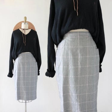 micro plaid library skirt - 26 - vintage 90s black white womens size 4 small check minimal fine line straight knee skirt 