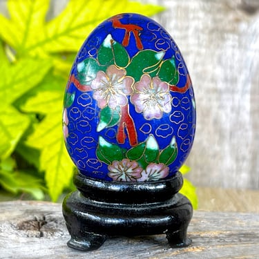 VINTAGE: Small Brass Cloisonné Egg with Stand - Chinese Egg - Asian Egg - Enamel Egg with Stand - Floral Egg - SKU 15-E2-00028071 