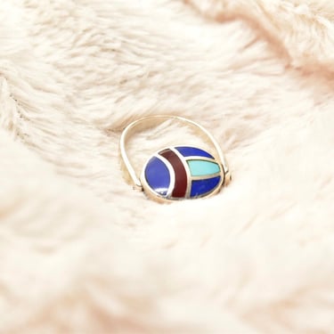 Vintage Sterling Silver Multi-Stone Inlay Flip Ring, Lapis Lazuli, Turquoise, Carnelian, Colorful Fidget Ring, Scarab Beetle, Size 8 US 