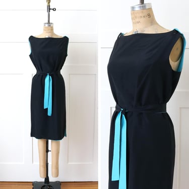 vintage 1960s sleeveless shift dress • reversible black & turquoise blue belted lightweight dress • made in Japan 