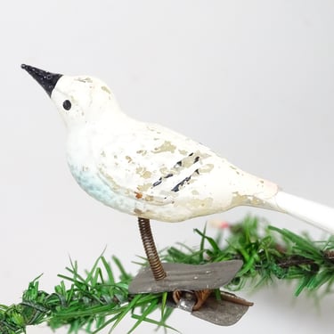 Antique Painted Glass Bird Christmas Clip On Ornament , Spun Glass Tail, Antique Molded Glass 