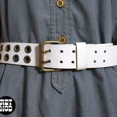 Fantastic Vintage 70s Wide White Leather Belt with Gold Grommets 
