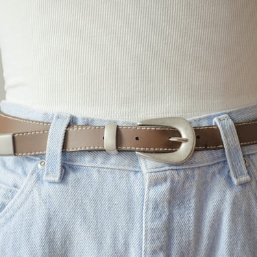 brown faux leather belt | 90s vintage skinny taupe greige light brown vegan leather belt 