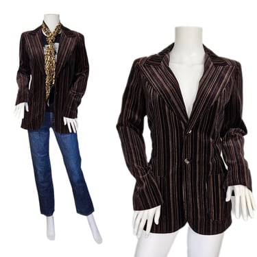 Campus Casuals 1970's  Brown Black Striped Velvet Blazer I Suit Coat I Jacket I Sz Med I Marc Bolan 