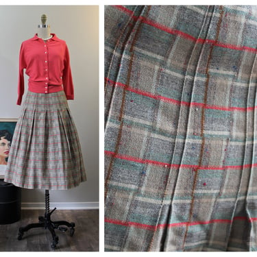 Vintage 1940s 50s fine woven wool pleated oatmeal pastel speckled Confetti plaid skirt // US 2 4 xs s 