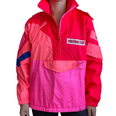 Vintage 80s Womens Obermeyer Retro Neon Pink Geometric Ski Snowboard Jacket Sz L 