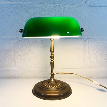 Vintage Green Glass Desk Lamp Bankers Library Dorm Room Home Office Brass Adjustable 1980s 80s 