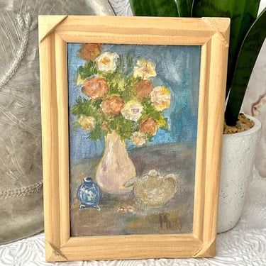 Petite Painting, Floral, Framed Oil Painting, Small, 70s 80s Original Art 