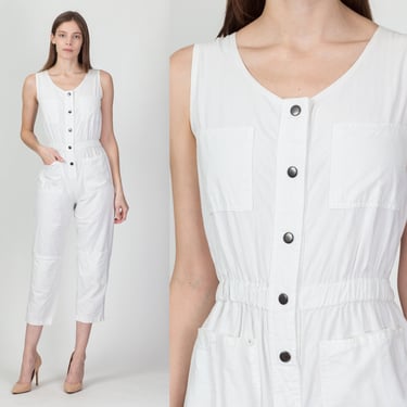 80s White Cotton Jumpsuit - Petite Small | Vintage Snap Button Up Tapered Leg Fitted Waist Pantsuit 