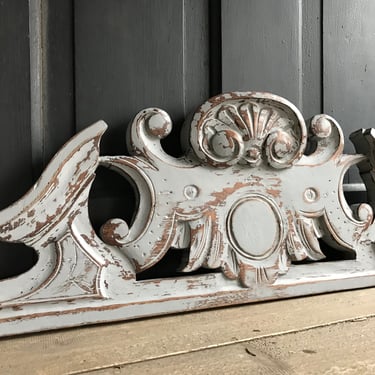 French Pediment, Architectural Carved Wood Plaque, Painted Gray Blue, Armoire, Furniture Mount, Wall Art, Chateau Decor 