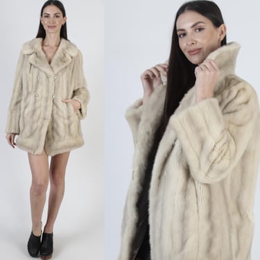 Womens Fur Back Collar Mink Coat, Vintage 70s Platinum Blonde Jacket, Double Breasted Real Princess Overcoat 