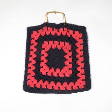 Vintage 70s Red And Navy Blue Granny Square Afghan Knit Top Handle Tote Bag 