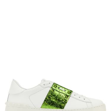 Valentino Garavani Woman White Leather Rockstud Untitled Sneakers With Grass Green Band