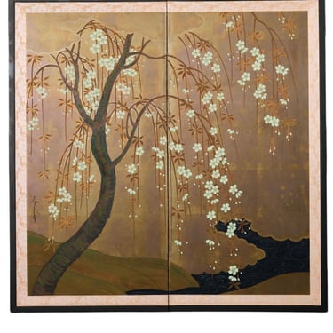 Japanese Showa Two Panel Screen Flowering Cherry by River