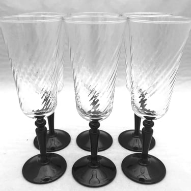 8 French crystal champagne glasses, toasting flutes with black stems & swirled glass, Postmodern Cristal D'Arques Durand Wedding stemware 