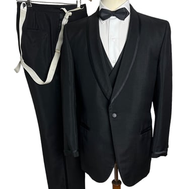 Vintage 1960s 3pc Shawl Collar SHARKSKIN Tuxedo ~ 38 R ~ Rockabilly Suit ~ Wedding ~ Tux ~ 3 Piece 