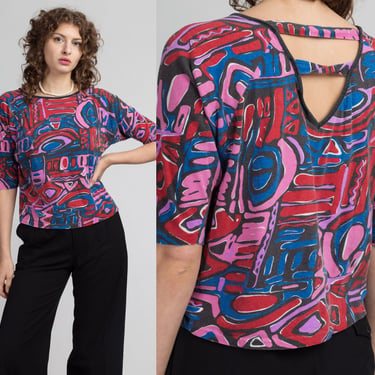 90s Keyhole Back Abstract Crop Top - Medium | Vintage Pink Red Blue Print Batwing Blouse 