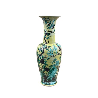 Vintage Chinese Yellow Base Green Flower Leaves Graphic Porcelain Art Vase ws4274E 