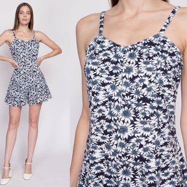 Petite Medium 90s Blue Daisy Floral Romper | Vintage Spaghetti Strap Mini Summer Playsuit 