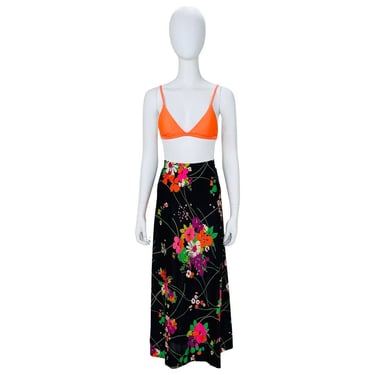 Vintage 1970s Black with Bright Florals Maxi Skirt 