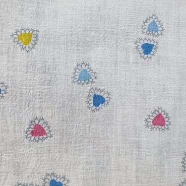 Vintage 1950's Novelty Print Fabric / 60s Blue, Yellow, Pink Heart Fabric 