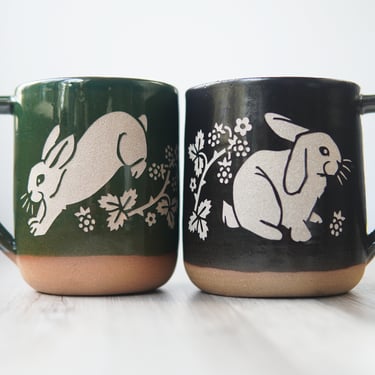 Rabbit Mug - Farmhouse Style Handmade Pottery Cup with Blackberries 