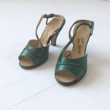1950s Green Satin Rhinestone Heels 