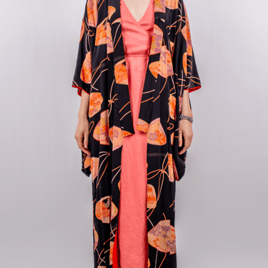 1950s/1960s Black Orange and Pink Silk Floral Kimono