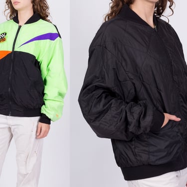 80s Neon Color Block Arcticwear Racing Jacket - Men's Large | Vintage Green & Black Reversible Insulated Winter Snowmobile Windbreaker 