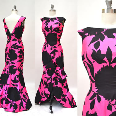 50s/60s Vintage Evening Gown Size XS Small Silk Evening Gown Pink and Black Silk // 1950s Vintage Party Dress Gown Pink Black Floral Print 