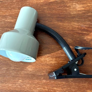 Vintage Mid-Century Modern Grey Portable Clip On Light | Gray Gooseneck Clamp On Lamp Adjustable Lighting | Office Workshop Bedside Reading 