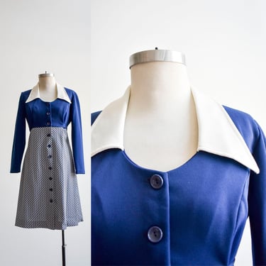 1970s Navy Blue & Plaid Shirt Dress 