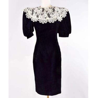 Gunne Sax Velvet & Lace Dress, Black Wiggle Dress Party Evening Holiday Dress Gown Vintage 1980's, Size 3, Cottage Victorian 