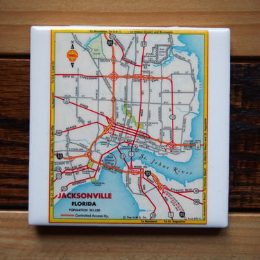 1964 Jacksonville Florida Map Coaster. Jacksonville Map. Vintage Florida Coasters. City Map Décor. 1960s Shell road map. Coastal Florida 